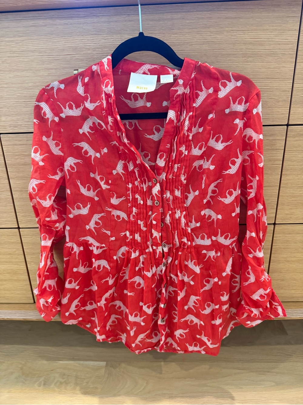 Maeve Red Printed Pintuck Button-Front Blouse